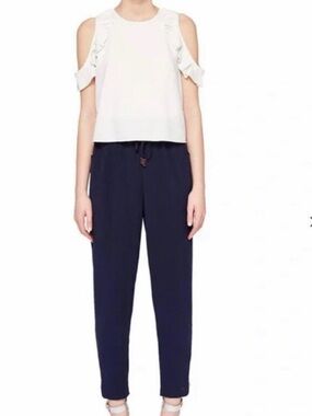 Ted Baker London Sleeveless Ruffle-Shoulder Wide Leg Jumpsuit Ivory Navy size 4
